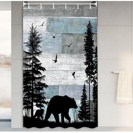 MERCHR Rustic Cabin RV Shower Curtain, Farmhouse Country Bear Forest Vintage Wood Decor Bath Curtain, Hunting Camping Waterproof Fabric Bathroom Accessories Set with Hooks 48x72 Inches