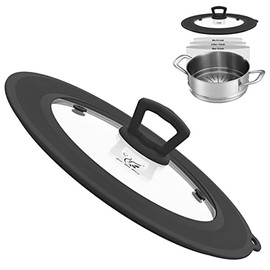 Vented Tempered Glass Universal Lid for Pot Pan Skillet with Heat Resistant Silicone Rim Microwave Splatter Lid Cover Microwave Safe Fit 9.5“ 10” 10.5“ 11” 11.5“ 12” Cookware, Dishwasher Safe Black