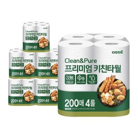 Osse Clean &amp; Pure Kitchen Towels 200 sheets x 4 rolls, 6 packs (total 24 rolls) / 오쎄 클린앤퓨어 키친타올 200매 x 4롤 6개입 (총 24롤)