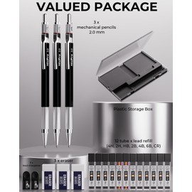 Nicpro 3 Pack 2MM Mechanical Pencils with Case, Art Mechanical Pencil 2 MM with 144PCS Lead Refills (4H, 2H, HB, 2B, 4B, 6B, Color), Eraser And Sharpener for Drafting Writing, Drawing & Sketching