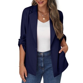 PrinStory Blazer Women's Office Long Blazer Adjustable Sleeves Lapel Blazer Sporty Elegant Jacket, navy