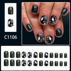 Halloween Spider Web Press on Nails Short Square Green Glitter Fake Nails Cute White Ghost Skull Acrylic Glue on Nail Glossy Full Cover Day of the Dead Stick on Nail for Women DIY Manicure