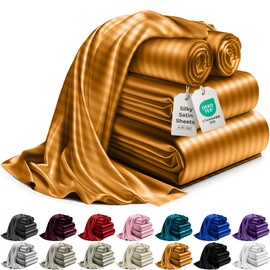 DECOLURE Satin Bed Sheets - 4 Piece Luxury Silky Twin Size Bedding Set - Softer Than Silk, Wrinkle-Free with 15” Deep Pocket Fitted Sheet, Perfect for Hair & Skin, Gifts for Women (Striped Gold)