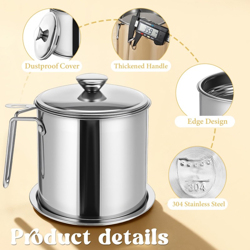1.8L(61 fl. oz.) Bacon Grease Container, Stainless Steel Grease Container