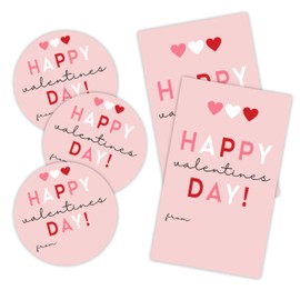 Happy Valentine's Day Stickers Set - 3 Little Hearts - 40 Self Pink Adhesive Labels, Round & Tag Shaped, Each 20 Pcs for Gift Wrapping, Envelopes, Goodie Bag,Valentines Party Supplies - A02
