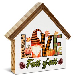 Fall Autumn Sign Decor Autumn Gnome Love Fall Y'All House Shape Wooden Sign Rustic Thanksgiving Home Kitchen Desk Shelf Decor