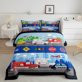 Rescue Vehicles Kids Comforter Set Full Size,Fire Fighting Truck Police Car Ambulance Bedding Set,Boys Girls Adults Room Decor,Aircraft Cartoon Down Comforter,Colorful Duvet Insert,2 Pillowcases