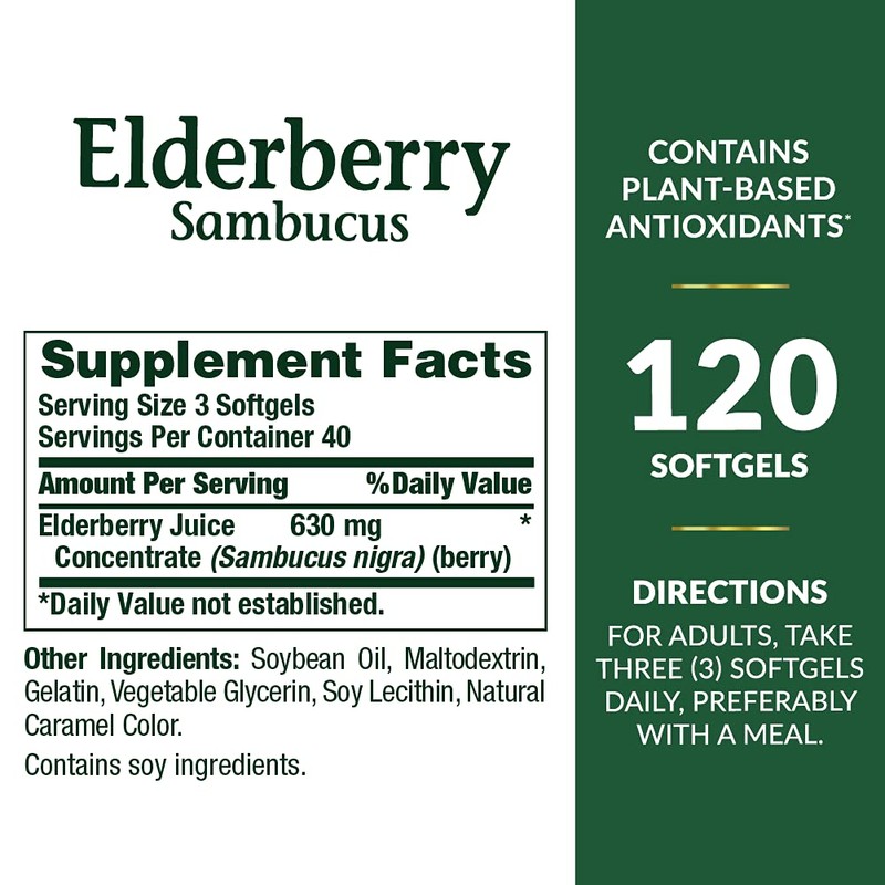 Nature's Bounty Sambucus Elderberry Herbal Supplement, Rapid Release Softgels, 630