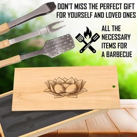 Unique Lotus Flower Engraved BBQ Tool Set for Grill Masters: Premium Stainless Steel Spatula, Tongs & Fork - Ideal Gift for BBQ Lovers, Customizable Box Design, Perfect for Outdoor Cooking & Grilling
