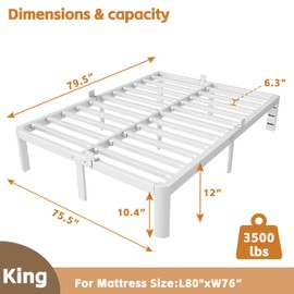 HQU 12 Inch King Size Bed Frame with Metal Gaskets, Anti-Slip Mattress Stopper, Platform Bed Frame No Box Spring Needed, Heavy Duty Steel Slat Support, Easy Assembly, White