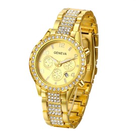 JewelryWe Women's Men's Luxury Watch with Rhinestone Glitter Metal Strap Analogue Quartz Watch Mother's Day, gold, Bracelet