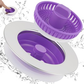 iFealClear Kitchen Sink Drain Strainer Stopper, 3-in-1 Sink Stopper Strainer for Standard 3-1/2 Inch Kitchen Sink, Chrome-Plated Stainless Steel Shell with Purple Mesh Strainer Basket