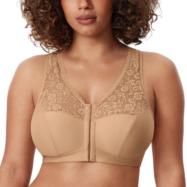 DELIMIRA Women's Front Fastening Bras Lace Wireless Plus Size Full
