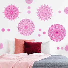 Large Mandala Wall Sticker Peel and Stick Pink Lotus Flower Wall Decals Mandala Floral Window Clings Stickers Modern Headboard Decor Mandala Wall Art Decal for Bedroom Living Room Yoga Decoration