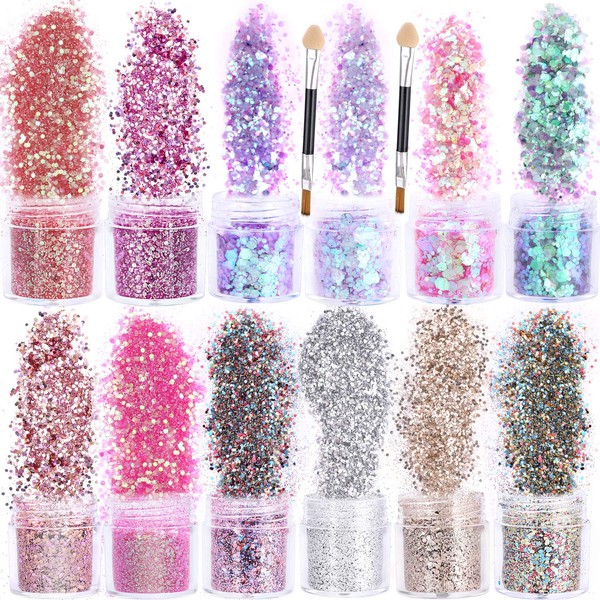 HOWAF 12 Glitter Boxes for Nails / Face / Body with Brush - Makeup Sequin Glitter for Nail Art, Eyes, Lips, Hair and Body Decoration - Ideal for Halloween, Christmas, Festivals and Masquerades - Makeup Accessories