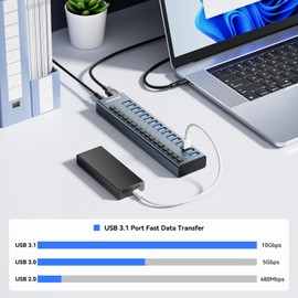 Powered USB Hub ANYOYO 16 Port USB 3.1 Data Hub(10Gbps), USB Splitter with Individual On/Off Switches and 12 V/7.5 A Power Supply, USB Extension for Laptop, PC, Flash Drive and More