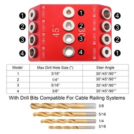 Omninmo 30 45 90 Degree Angle 4 Sizes Drill Hole Guide Jig with 4 Drill Bits for Angled and Straight Hole,Deck Cable Railing Lag Screw Drilling Template Block for Cable Wood Post, Wire Handrail