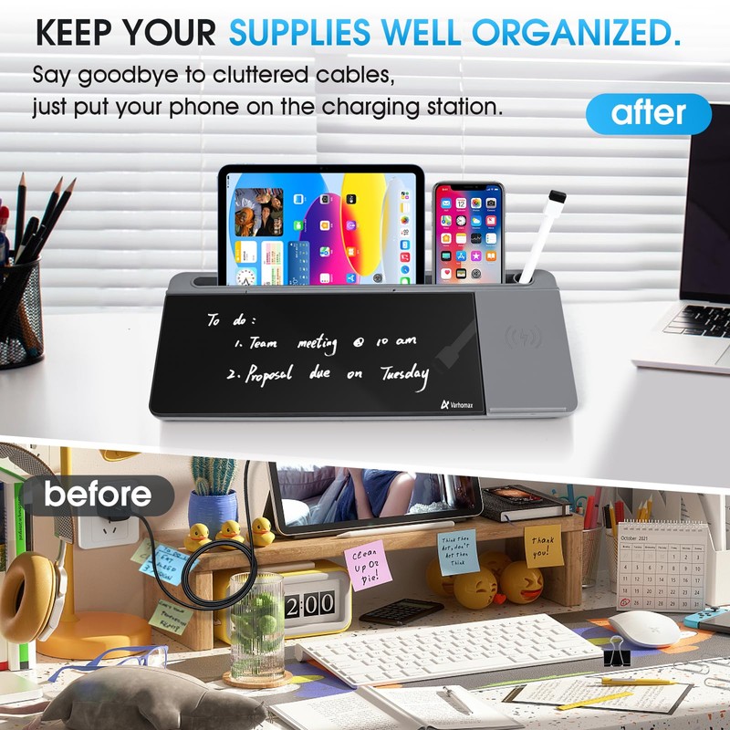 Varhomax Glass Desk Whiteboard with Wireless Charger, Desktop Organizer Dry