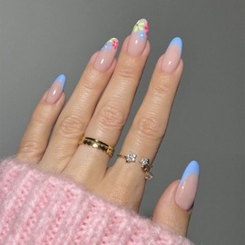 Sethexy Flower Almond False Nails Spring French Nails for Sticking, 24 Pieces, Acrylic Art Press On Nails for Women and Girls