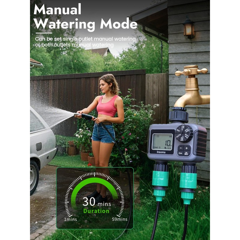 Insoma 2-Zone Sprinkler Timer, Programmable Garden Hose Timer with Auto/Manual/Rain