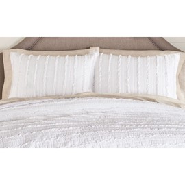 Set of Two (2) Solid Ruffle Stripe Standard Size Quilted Pillow Shams, Pillowcases 100% Cotton (Better Homes &Gardens) (White) 20"x28"