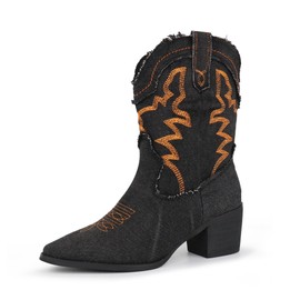 Hawkwell Women's Embroidered Stitched Rodeo Boots Pointed Toe Chunky Block Heel Classic Pull On Cowgirl Ankle Western Booties,Black,9
