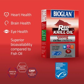 Bioglan Red Krill Oil Extra Strength 500mg, high in Omega-3 Fish Oil, EPA & DHA help to support for your Heart, Eye and Brain health, one month supply – 30 capsules