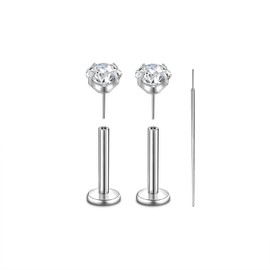 CANDYFANCY 1 Pair 16g G23 Titanium Threadless 4mm CZ Stud Cartilage Earrings for Tragus/Conch/Helix/Labret/Lip- Push In Studs Tragus Piercing with Taper Piercing for Women Men (8mm Length Post)