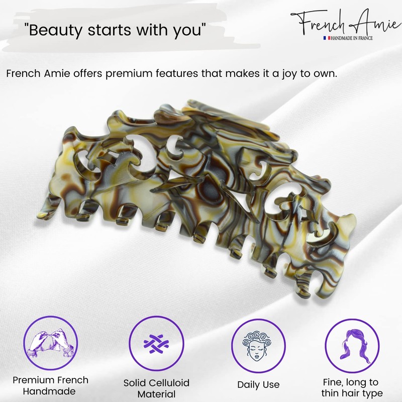 French Amie Beau Medium Handmade Celluloid Silver Grey Onyx Jaw