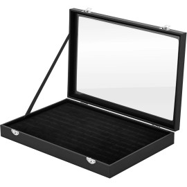 H&S HS Ring Display Box Case - Jewelry Storage Organizer with Glass Lid & Black