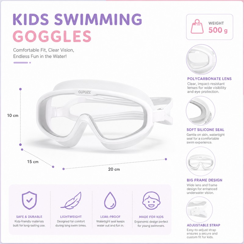 Kids Anti-Fog Swim Goggles with Case – Waterproof Big Frame