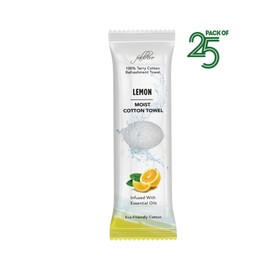 FabbPro Oshibori Moist Terry Cotton Refreshment Towels (25 Pack, 8 x 8 Inches) - White Scented Pre-moistened Essential Oil Infused Towel to Use Hot or Cold - Lemon Scent