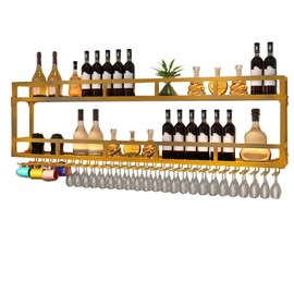 Wall Wine Rack Floating Bar Shelves Wall Mounted with LED Light Liquor Bottle Display Shelf with Hanging Wine Glass Rack Kitchen Wall Shelf Liquor Cabinet Bar Stand for Home Bar Cafe Restaurant(Gold,2