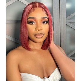 100% Human Hair Bob Wig - Natural Burgundy Short Style, Fluffy & Face-Slimming, 13x4 HD Lace Front Bob Wig Human Hair Comfortable Breathable, Heat-Stylable & Easy Care 200% Density