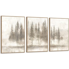 Zessonic Abstract Nordic Pine Forest Wall Art - Neutral Wabi Sabi Pine Tree Art Set of 3, Large Framed Foggy Forest Canvas Prints Modern Decor for Living Room, Dining Room, Office - 24x36inchx3pcs