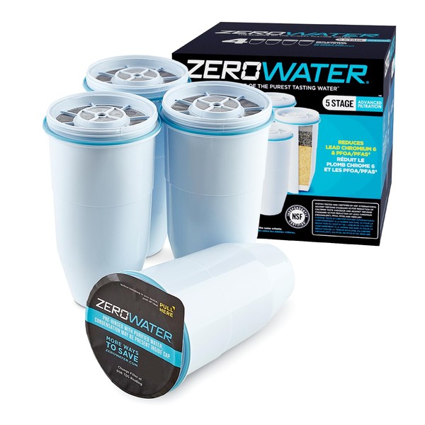 ZeroWater Official Replacement Filter - 5-Stage Filter Replacement 0 TDS for Improved Tap Water Taste - NSF Certified to Reduce Lead, Chromium, and PFOA/PFOS, 4-Pack