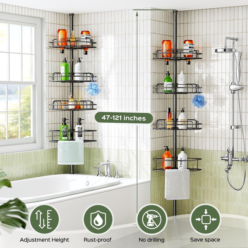 HAMITOR Corner Shower Caddy Tension Pole: 4-Tier Rust-Resistant Adjustable Bathroom