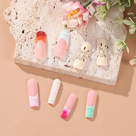 BABALAL Long Press on Nails Square Fake Nails French Tip Glue on Nails 3D Texture Design Flower Acrylic Nails Squoval Handmade False Nails 24Pcs Manicure Stick on Artificial Nails
