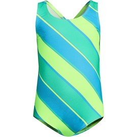 Lands' End Girls Chlorine Resistant One Piece UPF 50 Swimsuit Large Lime Jade/Turquoise Stripe