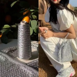 1 Roll 0.8MM Wide Metallic Glitter Crochet Yarn Sparkling Gold Polyester Yarn Metallic Thread String for Knitting,Weaving,DIY Woven Bag Making