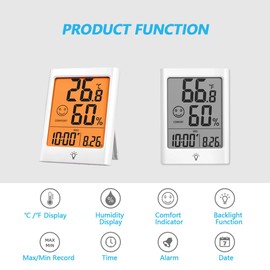 Timloon Digital Indoor Thermometer for Room, Smart Temperature Humidity Monitor with Backlight, Comfort Indicator, Max/Min Record, Time, Calendar, Alarm, °c/°f Switch for Bedroom, School