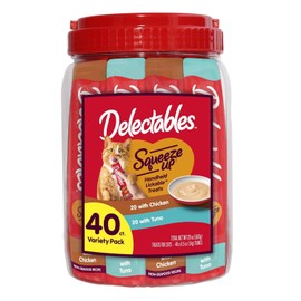 Delectables Squeeze Up Variety Pack, Creamy Squeezable Puree, Lickable Wet Cat Treats, Grain-Free, No Added Fillers, 0.5 Ounces Tube, 40 Tubes Total