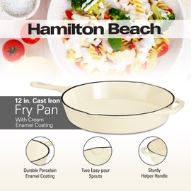 Hamilton Beach Enameled Cast Iron Fry Pan 12-Inch Cream, Cream Enamel Coating, Skillet Pan for Stove Top and Oven