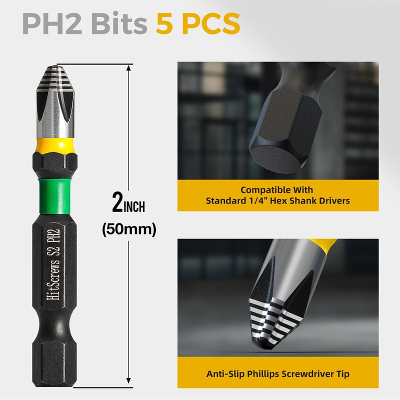 HitScrews 2" Anti-Slip Phillips Impact Bits #2,S2 Steel Screwdriver Bits,360°