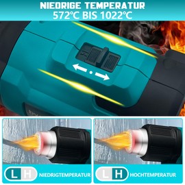 Akku Heißluftfön für Makita 18V, 2 Temperatur 300 ℃/550 ℃ Heißluftpistole, Manuelle Heißluftgebläse mit 4 Edelstahldüse für DIY,Basteln, Schrumpffolie, Schweißen,Farbentfernung(ohne Batterien)