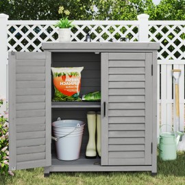 Outdoor Storage Cabinet & Potting Bench Table with Metal Top, Wooden Patio Furniture, Garden Workstation (Classic Grey, 36x31x17in)