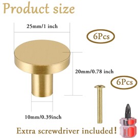 Zeaying Pack of 6 Round Cabinet Handles, Gold, 25 x 20 mm, Round Cabinet Knobs with 6 Mounting Screws and 1 Screwdriver, Cabinet Knobs, Furniture Knobs for Kitchen Cabinets, Wardrobe, Drawers, Door Knobs