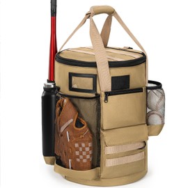 WELIDAY Baseball Bucket Bag, Tactical Style Softball Bucket Cover for 6 Gallon Bucket, Coaching Accessories Organizer with Multiple Pockets for Bat, Gloves, Scoreboard (Khaki)