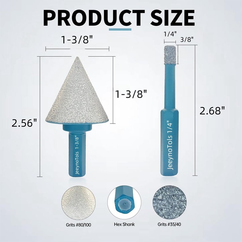 JeeynoTols Diamond Beveling Chamfer Bit 1-3/8" (35mm) & 2pcs 1/4"(6mm)