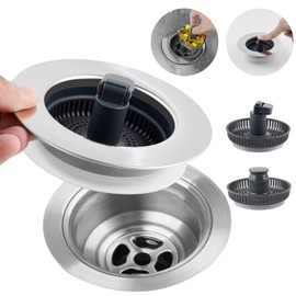 Hibbent 3 in 1 Kitchen Sink Drain Strainer, Stainless Steel Wrapped Shell Drain Stopper Combo, Pop Up Sink Stopper, 3 Anti-Clogging Basket Strainer with Foldable Handle for US Standard 3-1/2" Drain